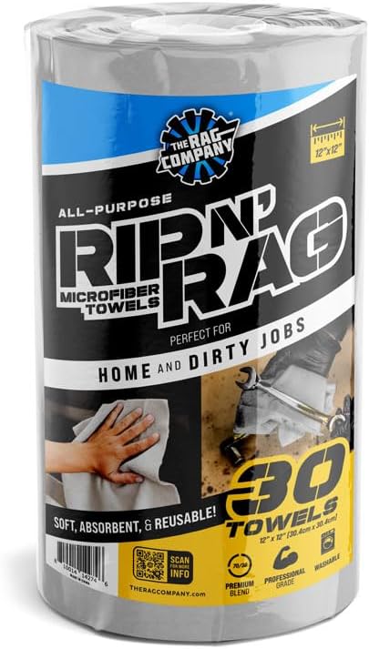 The Rag Company - Rip N' Rag Multi-Purpose Reusable Microfiber Towels for Home, Office, Garage, RV and More - 30 Count Roll - Premium 70/30 Blend - 200gsm (Pack of 2)