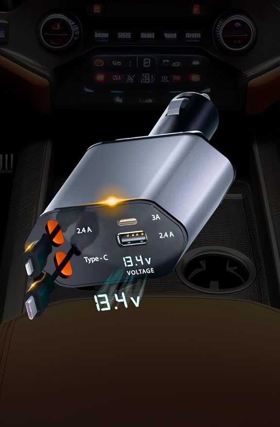 Retractable Fast Car Charger 100W for CarPlay, 4-in-1 Car Charger Adapter with 31.5" Built-in Cables & Dual USB Ports, Compatible with iPhone 11, 12,13,14,15,16,17 & Samsung Devices, Tablets and More