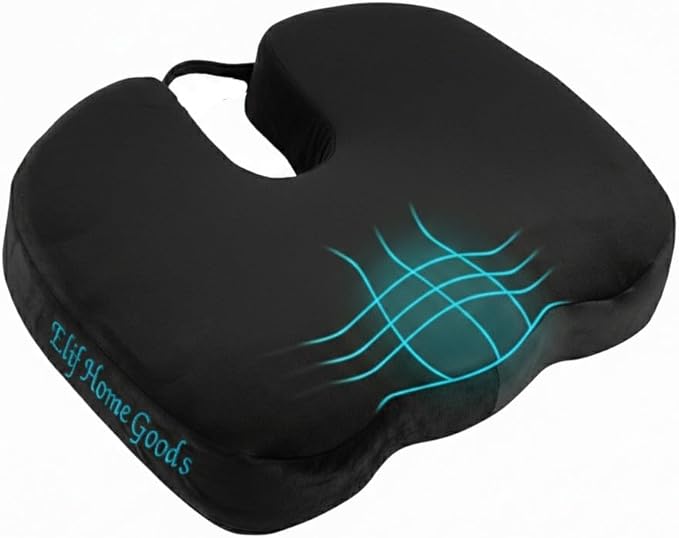Velvet Seat Cushion Pillow for Office Chair - Memory Foam Pad for Tailbone, Sciatica, Lower Back Pain Relief, Ergonomic and Non-Slip, Machine Washable Cover (Velvet, Black)