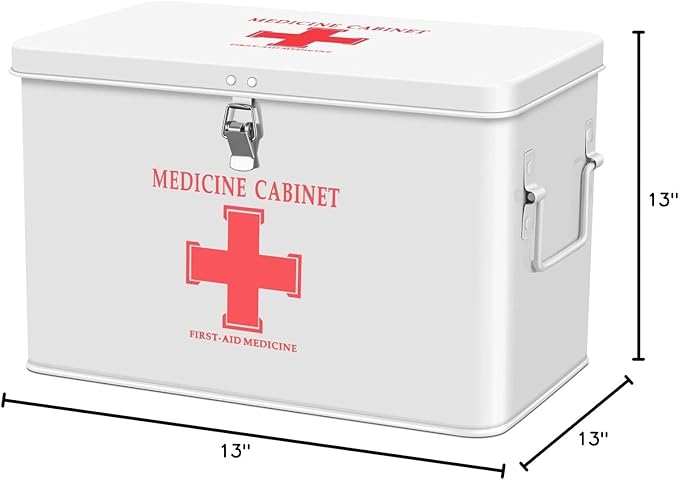 Flexzion First Aid Box Organizer Empty with Lock - 13" White Vintage First Aid Kit Tin Metal Medical Box - First Aid Storage Bin Container with Dividers, Removable Tray and Red Cross Logo