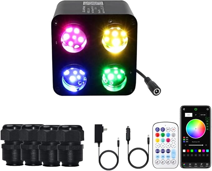 AMKI 4 Color 36W Twinkle Sound Mode RGBW 4 Ports Light Source Engine Driver Remote/APP Control Starlight Box Motor for Fiber Optic Star Ceiling Light Kit