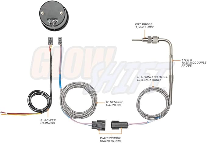 GlowShift 10 Color Digital 2200F Pyrometer Exhaust Gas Temp Gauge Kit - Includes 1/8-27 NPT Type K EGT Probe & Wiring - Multi-Color LED Display - Tinted Lens - for Car & Truck - 2-1/16" (52mm)