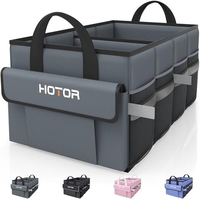 HOTOR Trunk Organizer - Car Organizer with 5 Pockets, Trunk organizer for SUV, Sedan & Van, Car Organization with Sturdy Base Panel for Car Accessories, Grey, 2 Compartments, 21.3"×12.6"×10.6"