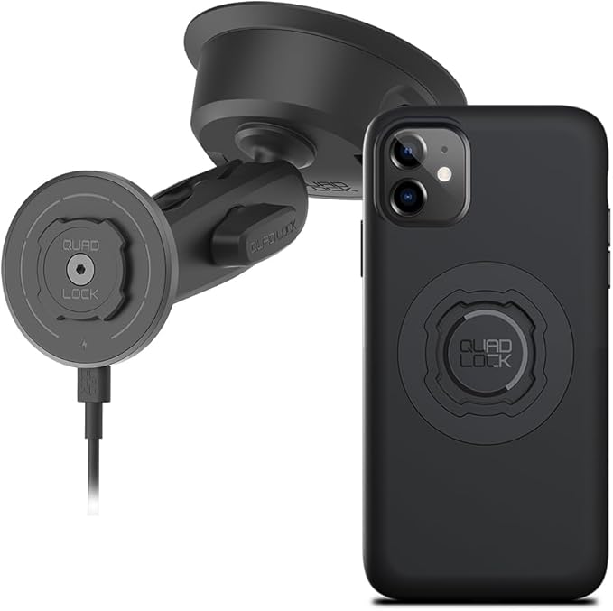Quad Lock Heavy Duty Suction Car Phone Mount with MAG Phone Case and MAG Wireless Charging Head for iPhone 11