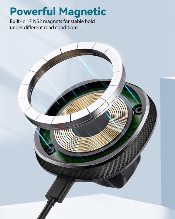 EXELIQ Cup Holder Charger Mount for Magsafe, Wireless Magnetic Car Mount Charger with Heat Dissipation System, 15W Fast Charging Phone Holder for iPhone 17 16 15 14 13 Pro Max Mini with PD 30W Adapter