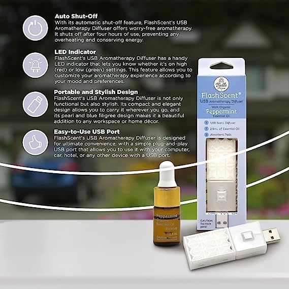 Belle Aroma® FlashScent™ USB Aromatherapy Bundle - for Car, Office, Home, and Travel - Includes 1 Pearl White Peppermint Oil Diffuser Kit, 1 Lavender FlashScent Essential Oil, and 7 Refill Pads