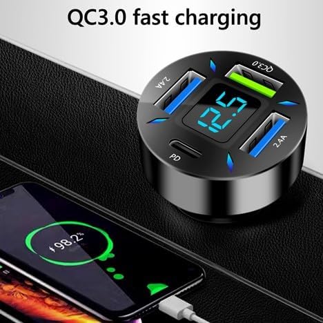 66W 4-Port Car Charger – PD & QC 3.0 Fast Charging Cigarette Lighter Adapter, Dual Type-C + Dual Type-A Ports Compatible with iPhone, Android & Tablets