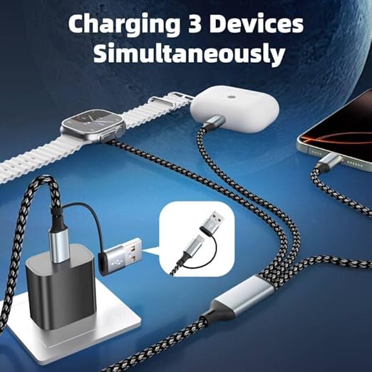 3 in 2 USB A/USB C Cable for Watch Charger, Multi Charging Cable iPhoe Charger Cord, Travel Charger for Multiple Devices Compatible with iWatch Ultra/SE/11-2, iPhone17-6, Pad, Android-5FT