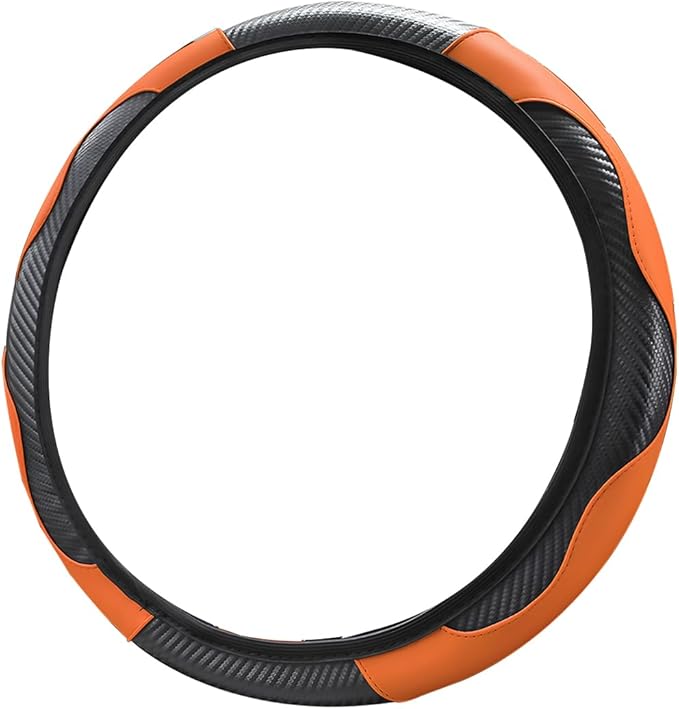 Car Steering Wheel Cover, 15 Inch PU Leather Carbon Fiber Elastic Stretch Without Inner Ring, Breathable Anti-Slip Auto Steering Wheel Protector for Women Men, Universal for Most Cars (Cayan)