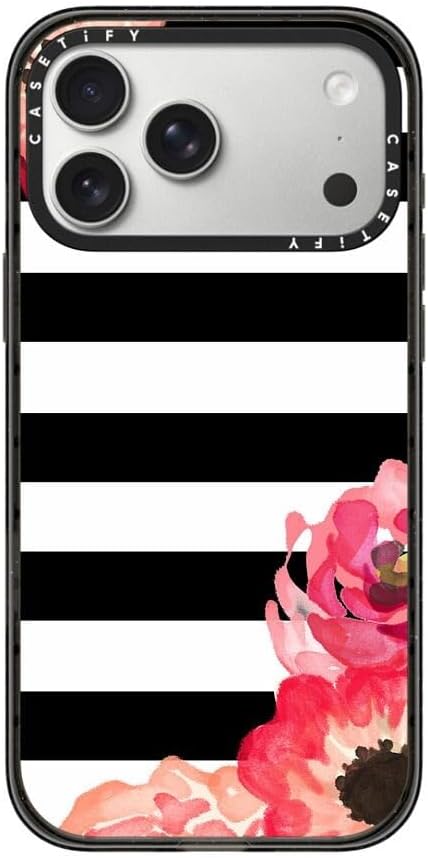 CASETiFY Impact iPhone 17 Pro Max Case [Slim/Compatible with Magsafe / 8.2 ft. 4X Military Grade Drop Protection] - Striped Florals (Black & White) - Clear Black