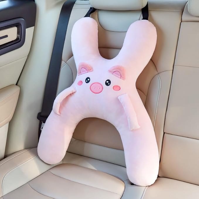 Car Pillow for Travel – Animal-Themed Car Seat Cushion with Safety Belt Protector – 4 Cute Styles: Pig, Dog, Rabbit, Panda (Pig)