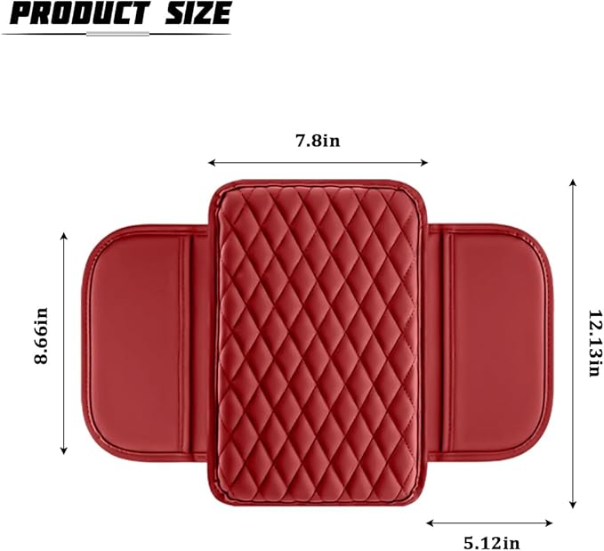 Car Armrest Cushion Pad, Leather Vehicle Center Console Cover with 2 Storage Bags, Non-Slip Automotive Interior Arm Rest Seat Box Cover Accessories, Universal for SUV RV Sedan (Rose Red)