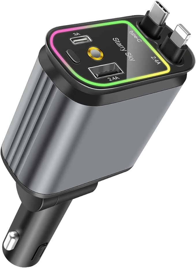Car Charger with Starrylight, 4 in 1 Retractable Type C USB Ports 120W Fast Charging Adapter for Phones, Tablets, Multifunctional Auto Accessories, Universal for Vehicles