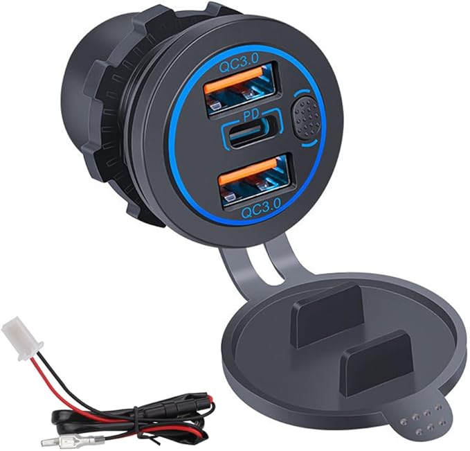 3 Ports 18W USB Car Charger with Switch, 12-24V Dual QC 3.0 USB & PD USB C Cigarette Lighter Socket Outlet, Dashboard Mount Quick Charge Charger for Car Motorcycle Truck Marine Boat ,Blue Light