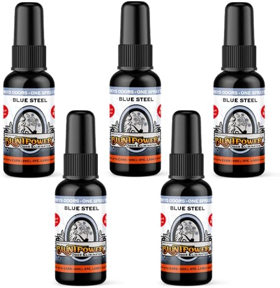 BluntPower (Blue Steel, 5 Pack) Concentrated Odor Eliminator and Diffuser Oil - Room Deodorizer, Odor Eliminator, and Smoke Eliminator Spray - Premium Oil Based Air Freshener & Odor Eliminator Spray