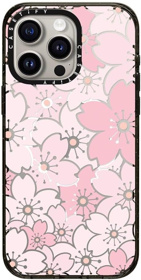 CASETiFY Impact Case for iPhone 15 Pro Max [8.2ft 4X Military Grade Drop Protection/Compatible with Magsafe] - Pink Sakura Bloom - Clear Black