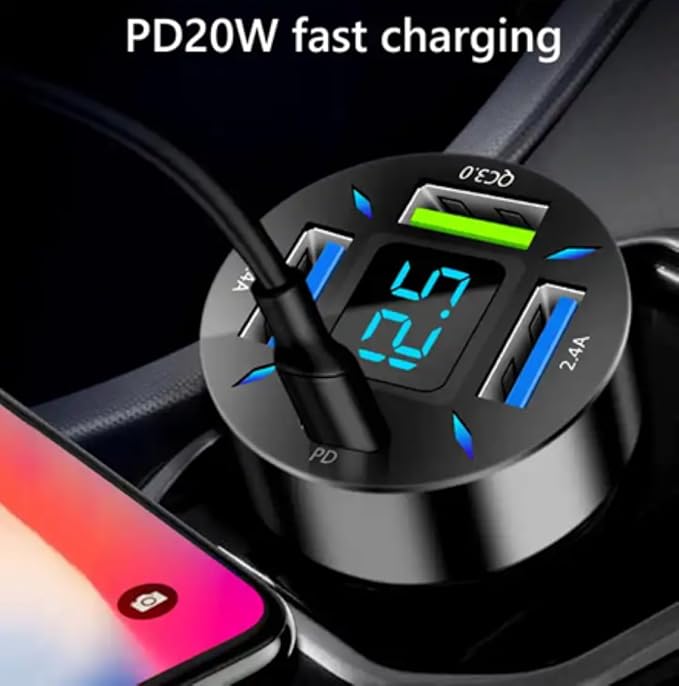 66W 4-Port Car Charger – PD & QC 3.0 Fast Charging Cigarette Lighter Adapter, Dual Type-C + Dual Type-A Ports Compatible with iPhone, Android & Tablets