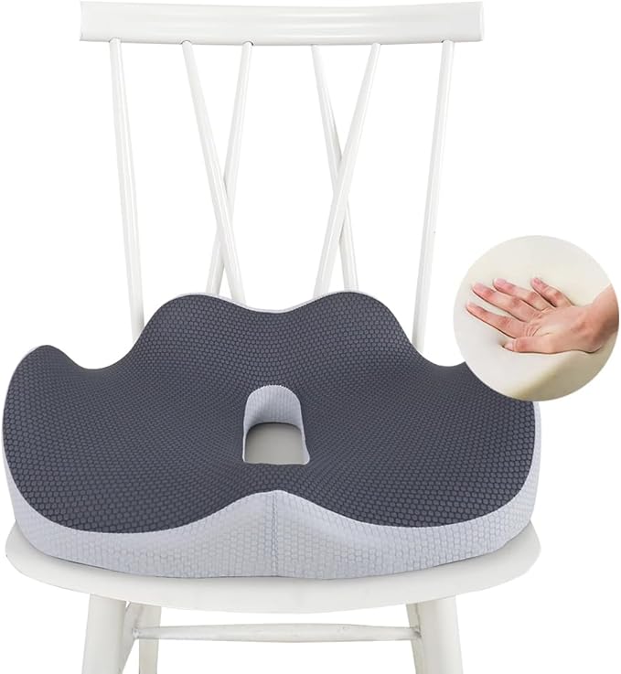 Seat Cushion for Office Chair Orthopedic Memory Foam Coccyx Support Pad Sciatica Pain Relief Tailbone Back Comfort Posture Alignment Pressure Massage Home Car Work” Gray