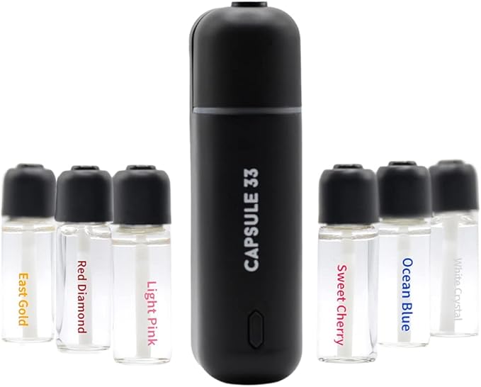 Car Perfume Starter Pack, Car Air Freshener, Ultrasonic Aroma Diffuser, 6 Fragrances (White Crystal, Red Diamond, East Gold, Ocean Blue, Sweet Cherry, Light Pink) (White)