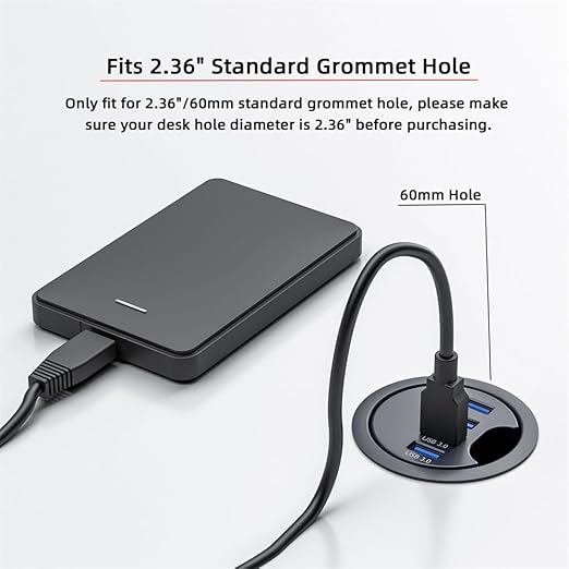 Xiwai USB 3.0 Hub Splitter, 4 Port USB Multiport Expander 60mm Desk Grommet Dock Station Interface for PC Desk Desktop