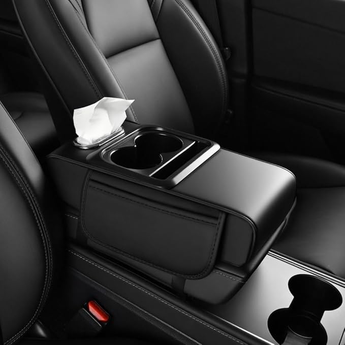 4 in 1 Center Console Cover,Multifunctional Car Armrest Storage Box with Cup Holder& Phone Holder& Car Tissue Holder,7.68 * 13.98" Arm Rest Cover for Cars with 2 Side Pockets