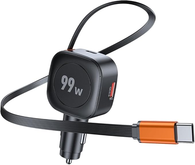 Retractable Car Charger, 99W USB C Car Charger Adapter, 3-in-1 Multi Port Fast Charging Car Accessories Compatible with iPhone 17/16/15 Series