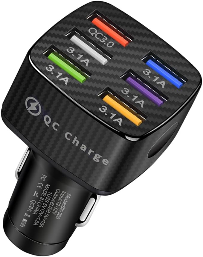 Augeny Car Charger Adapter, 6 USB Multi Port Fast Charger, Include QC 3.0 and 5 Other Ports, Auto Quick Charging Adapter for Most Cell Phones, Interior Car Accessories for SUV Truck (Black)