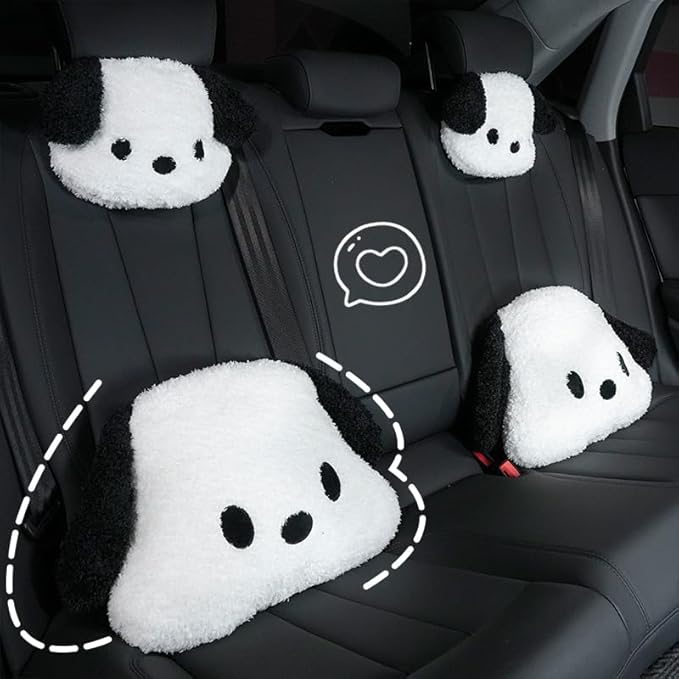 Cute Car Headrest & Lumbar Support Seat Cushion Adorable Black & White Dog Pattern, Comfortable & Durable Accessories Pillow, Set Includes 1Headrest &1 Lumbar Support