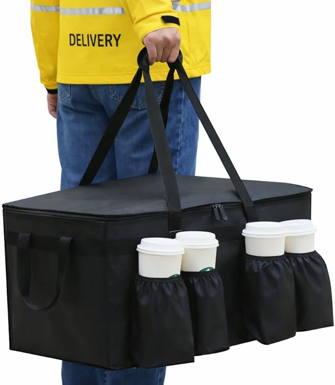 Bodaon Insulated Grocery Bags with 4 Cup Holders -Insulated Bags for Food Delivery with Zippered Top, Food Carrier for Catering, Pizza Bag and Cooler Bag for Takeout, Picnic, Shopping, Car Use
