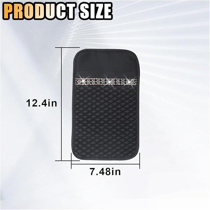 Bling Leather Car Armrest Seat Box Cover, Car Console Armrest Cover with Crystal Rhinestones, Anti-Scratch Waterproof Auto Center Console Protector Cushion Pad for Car SUV Truck (Black)