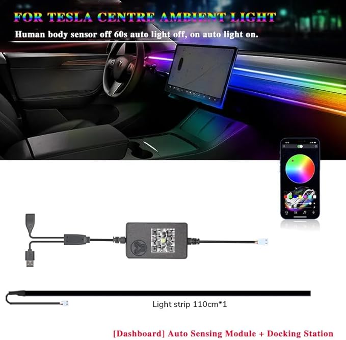 Interior Neon Lights for Tesla Model Y/3, Dreamcolor Acrylic Interior Car LED Strip Light for Tesla, Dynamic Chasing Music Sync Neon Ambient Lighting Kits for Tesla Model Y/3 (1 Strip Set A)