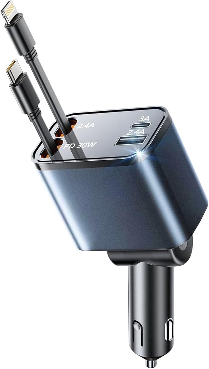 Retractable Car Charger USB C, 4 in 1 Retractable Car Charger with Cables, PD 69W USB C Car Charger Adapter, Fast Cigarette Lighter Adapter Car Phone Charging for iPhone 15/14 Pro Max,Androids, Blue