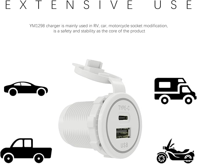[White] USB Cigarette Lighter Socket Type C Charger DAMAVO YM1218 12V Outlet USB C Charging Port for Car Boat Marine Motorcycle ATV RV Campers Tractors Truck, USBA+C-2 PCS