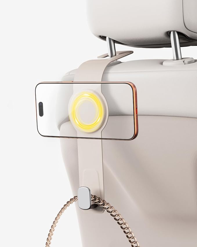 Car Headrest Hook with Swivel Magnet Phone Holder for Magsafe, 2-in-1 Double Hooks Hanger for Purse Bag, 360° Rotating Hands-Free Car Accessories for Handbag Coat Umbrella(1 Pack Milkshake White)