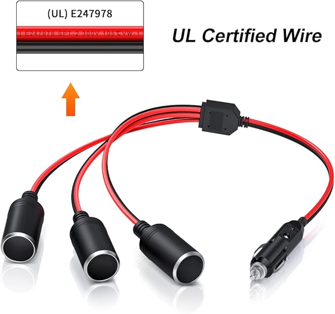 ELECTOP 1 to 3 Car Cigarette Lighter Socket Splitter Adapter Power Charger Port, 12V 24V Car Power Splitter 3-Way Plug Outlet Adapter, 12inch Cigarette Lighter Extension Cord Cable 16AWG with 15A Fuse