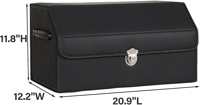 Leather Storage Box Car Trunk Organizer for Trunk SUV Sedan, Leather Foldable Storage Box with Lid (Black 20.9" L*12.2" W*11.8" H)