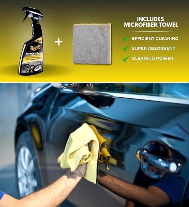 Supreme Shine Auto Surface Protector Spray 16 oz Bundle with Microfiber Cloth - High-Gloss Car Shine - UV Protection for Vinyl, Rubber & Plastic - Car Interior Detailer Spray Protectant - (2 Items)