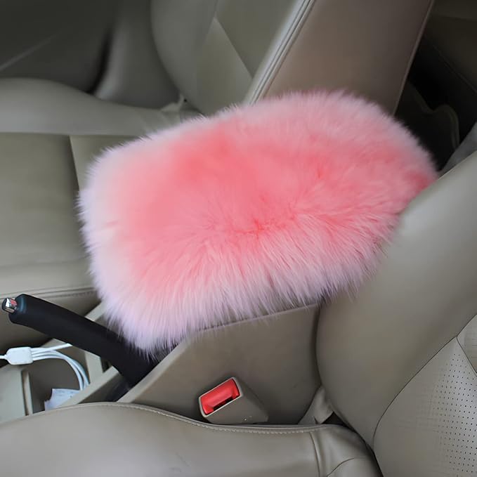 Furry Auto Center Console Cover Pad, 11.8"x7.8" Soft Sheepskin Wool Armrest Cushion, Fluffy Vehicle Armrest Seat Box Protector, Car Interior Accessories for Women Men (Deep Pink)