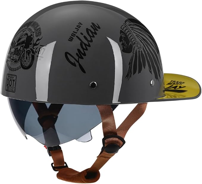 Vintage Retro Open Face Motorcycle Helmet Baseball Cap Half Helmets with pull-down Lens for Men Women Moped Cap Jet Scooter Street Cruiser - DOT Certified (Indian-Gray,XX-Large)