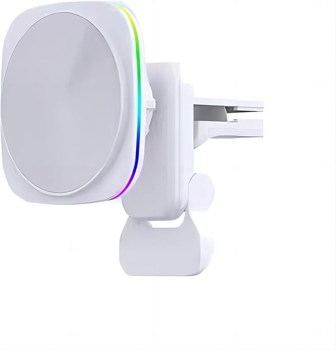 Car Phone Mount – 15W Magnetic Wireless Charger for 12-15 Series, Reliable and Efficient Wireless Charging Phone Holder (White with RGB Light)