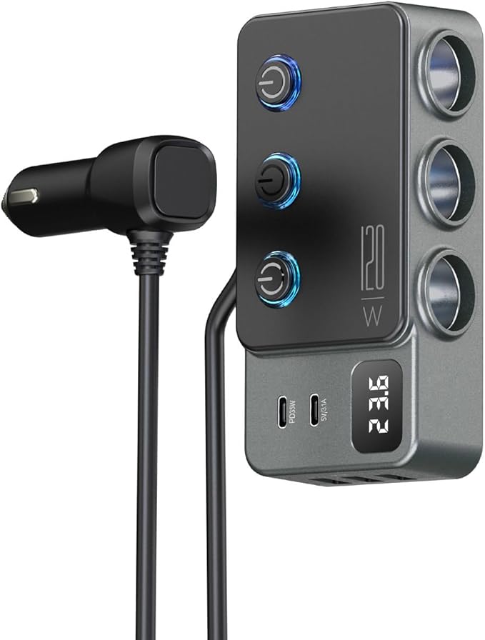 8 in 1 Cigarette Lighter Splitter, 3 Socket Car Charger Adapter, Type-C QC3.0 PD35W 5 USB C/A Fast Charging Port,12V/24V Input 120W Outlet with Built-in Protecter, Zero Risk to Car Battery & Devices