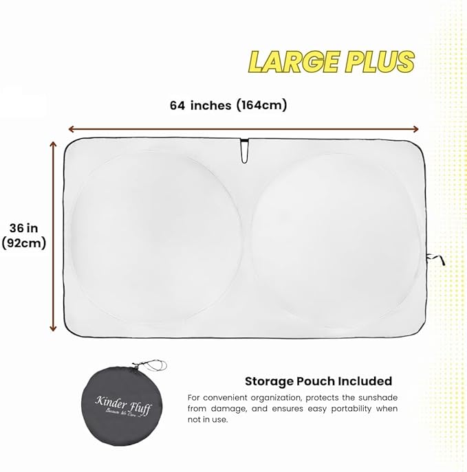 Windshield Sun Shade - Certified 99.87% UVB & 99.02% UVA Protection Car Sun Shade. Award Winning Sunshade for Car Windshield with Patented Technology. Size L+ 64"x36" Car Window Shades by Kinder Fluff