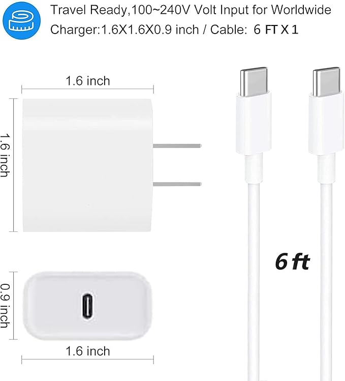 USB C Fast Charger for Apple iPad Pro 13/12.9/11 in 2026-2018,iPad 11th(A16),iPad Air 5th/Mini 7th,iPhone 17/16/15 Series,USB C Charger Fast Charging Adapter Wall Block with 6FT USBC to C Cable Cord