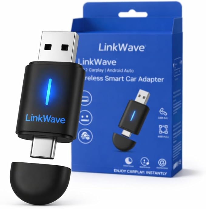 Wireless CarPlay adapter & wireless Android Auto adapter, 2-in-1 USB-A/USB-C dongle for factory wired CarPlay iOS 10+ & Android 11+ cars, easy to install, 3s auto-connect, 5.8 GHz Wi-Fi, Bluetooth 5.2