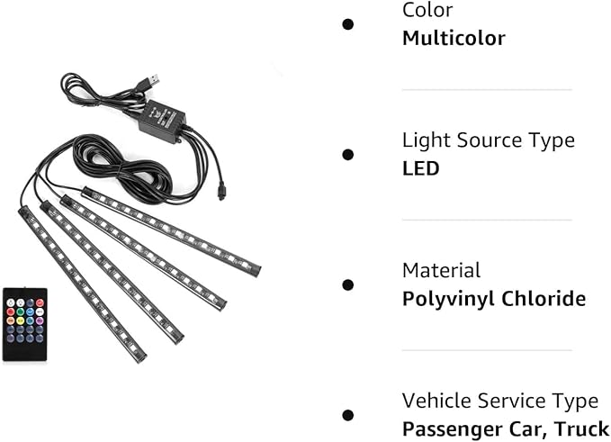 Car LED Strip Lights Christmas, 4Pcs 48 LED Interior Lights, Multicolor Music Car Strip Light Under Dash Lighting Kit with Sound Active Function and Remote Controller, DC 5V