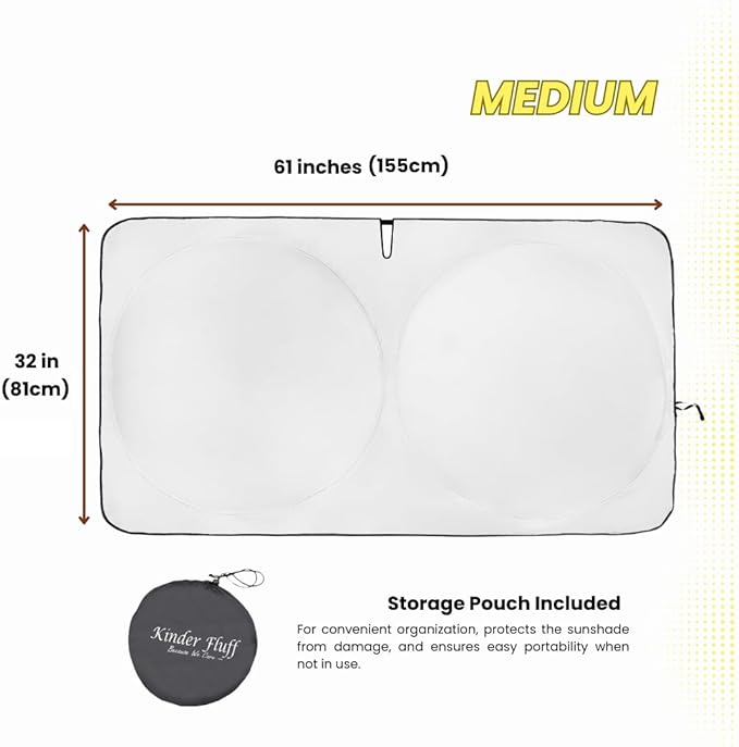 Windshield Sun Shade - Certified 99.87% UVB & 99.02% UVA Protection Car Sun Shade. Award Winning Sunshade for Car Windshield with Patented Technology. Size M 61"x32" Car Window Shades by Kinder Fluff