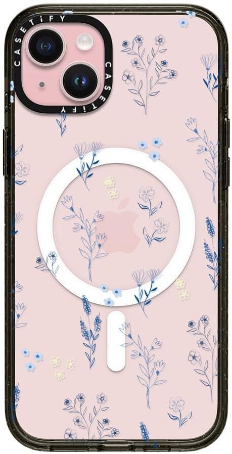 CASETiFY Impact iPhone 15 Plus Case [4X Military Grade Drop Tested / 8.2ft Drop Protection/Compatible with Magsafe] - Small Blue Flowers - Clear Black