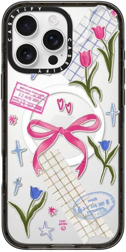 CASETiFY Impact iPhone 16 Pro Max Case [Slim/Compatible with Magsafe / 8.2 ft. 4X Military Grade Drop Protection] - Ribbons and Tulips - Clear Black