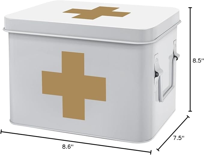 Flexzion First Aid Medicine Box Supplies Kit Organizer - Empty 8" White Metal Tin Medic Storage Bin Hard Case with Removable Tray Black Cross, Vintage Antique Boxes for Home Family Emergency Tool Set