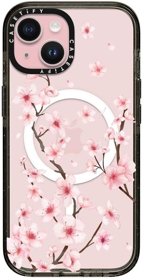 CASETiFY Impact Case for iPhone 15 [8.2ft 4X Military Grade Drop Protection/Compatible with Magsafe] - Cherry Blossom - Clear Black